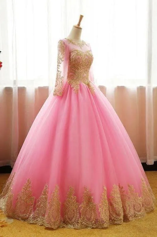 Ball Gown Pink Tulle Prom with Gold Appliques Long Sleeves Quinceanera Dress