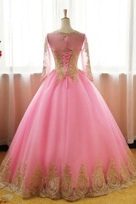 Ball Gown Pink Tulle Prom with Gold Appliques Long Sleeves Quinceanera Dress