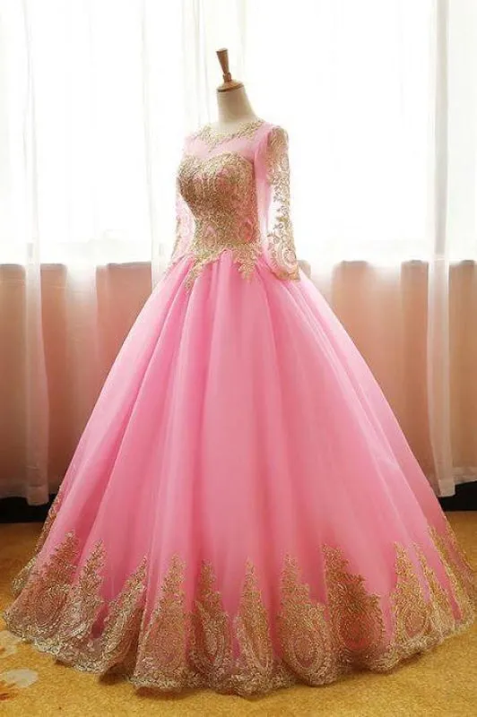 Ball Gown Pink Tulle Prom with Gold Appliques Long Sleeves Quinceanera Dress