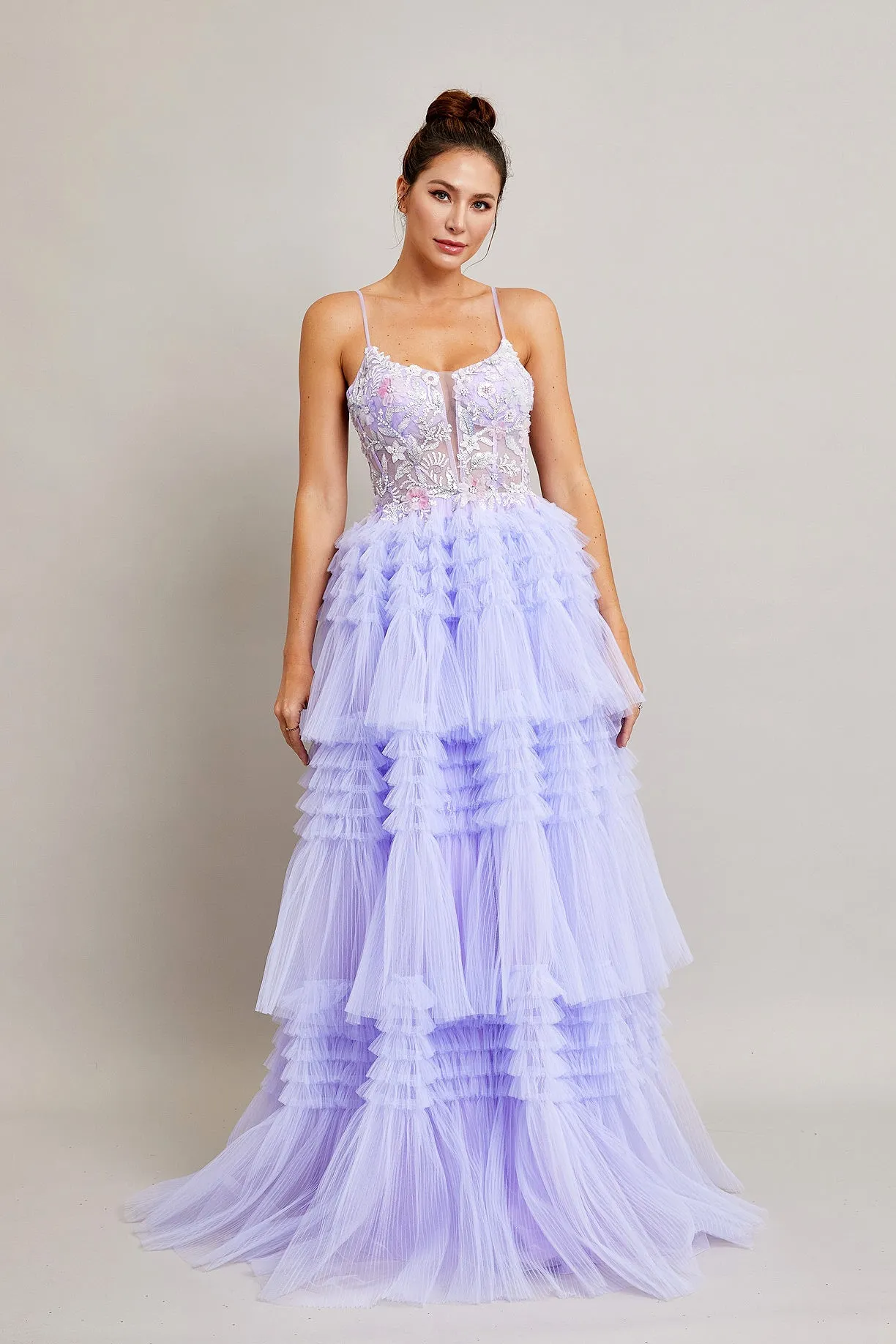 BC SP89984 - Layered Ruffle Tulle Ball Gown with Sheer Beaded Boned Lace Bodice