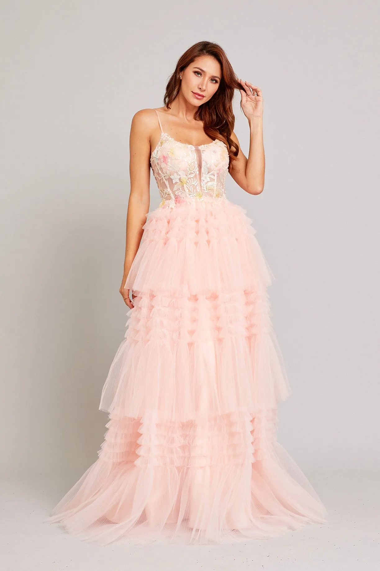 BC SP89984 - Layered Ruffle Tulle Ball Gown with Sheer Beaded Boned Lace Bodice