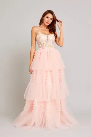 BC SP89984 - Layered Ruffle Tulle Ball Gown with Sheer Beaded Boned Lace Bodice