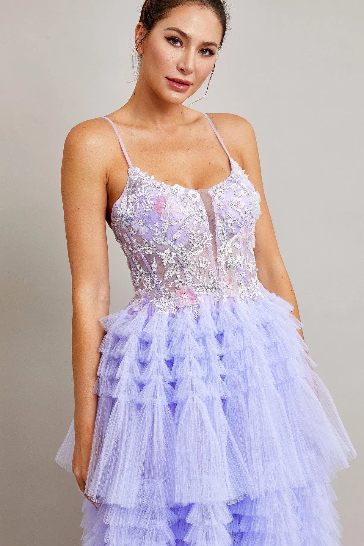 BC SP89984 - Layered Ruffle Tulle Ball Gown with Sheer Beaded Boned Lace Bodice