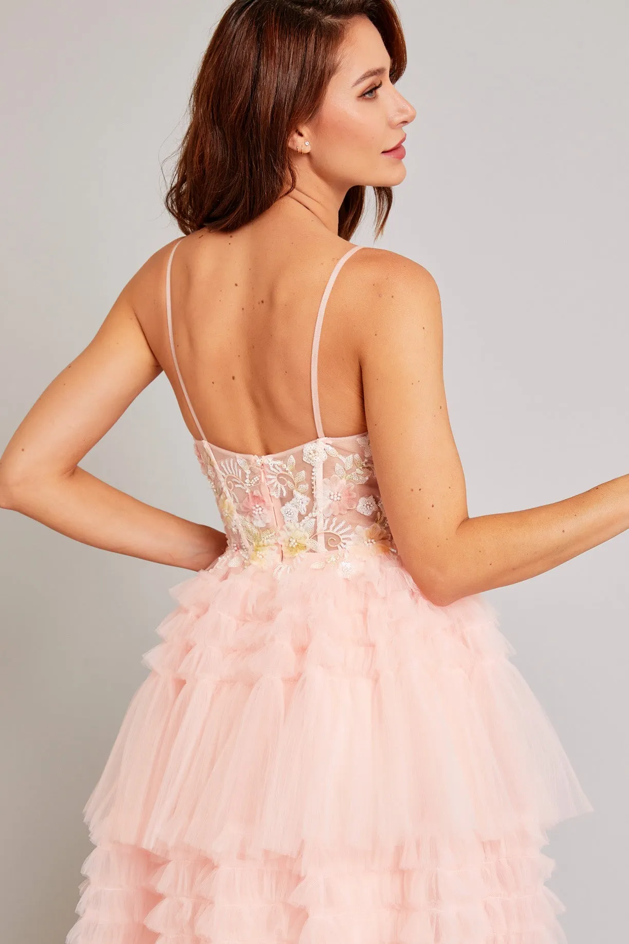 BC SP89984 - Layered Ruffle Tulle Ball Gown with Sheer Beaded Boned Lace Bodice