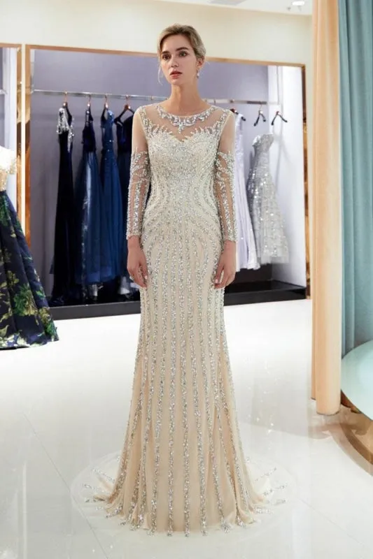 Beaded Luxury Mermaid Crystal Sweep Train Long Sleeves Prom Dress