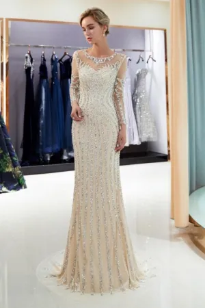 Beaded Luxury Mermaid Crystal Sweep Train Long Sleeves Prom Dress
