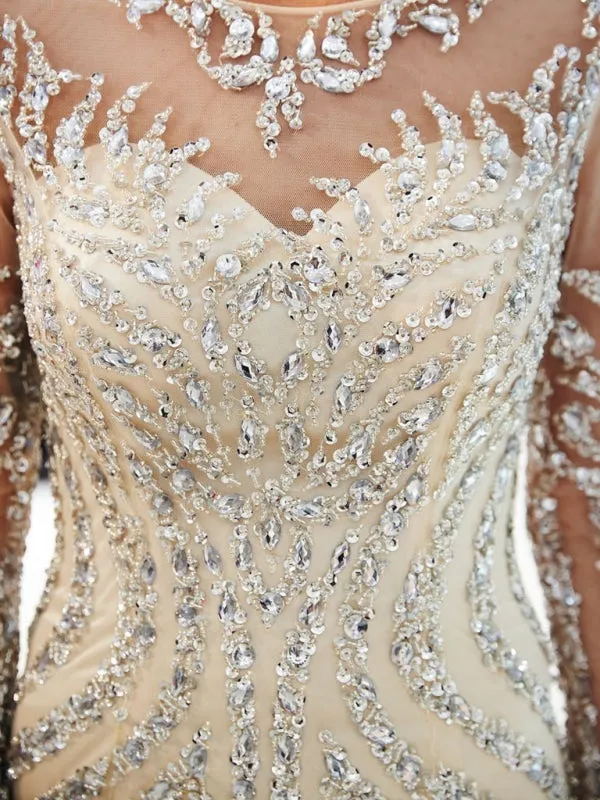 Beaded Luxury Mermaid Crystal Sweep Train Long Sleeves Prom Dress