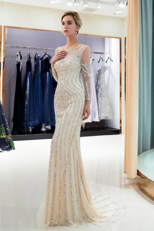 Beaded Luxury Mermaid Crystal Sweep Train Long Sleeves Prom Dress