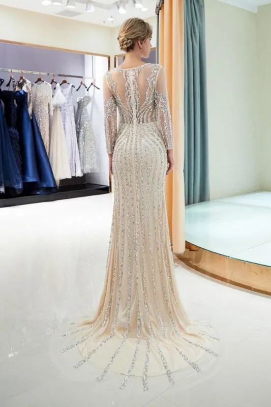 Beaded Luxury Mermaid Crystal Sweep Train Long Sleeves Prom Dress