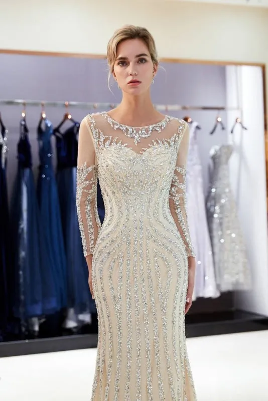 Beaded Luxury Mermaid Crystal Sweep Train Long Sleeves Prom Dress