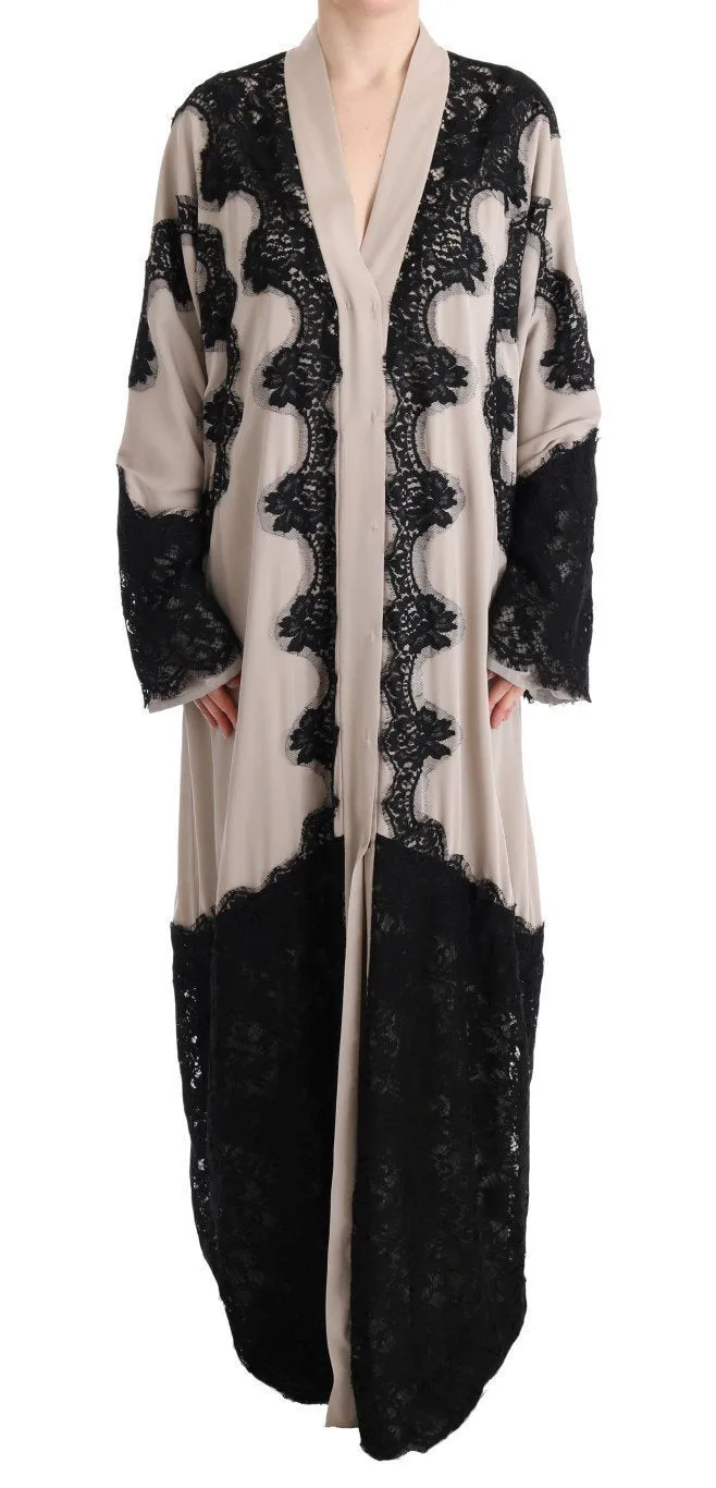 Beige Silk Floral Lace Kaftan Dress