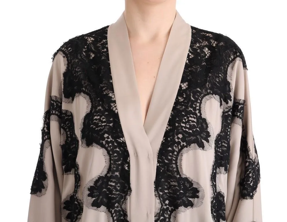 Beige Silk Floral Lace Kaftan Dress