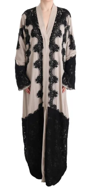 Beige Silk Floral Lace Kaftan Dress