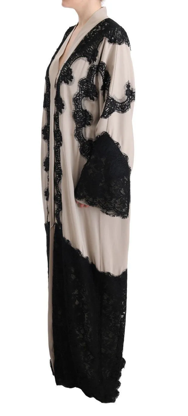 Beige Silk Floral Lace Kaftan Dress