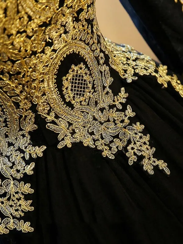 Black Ball Gown Long Sleeves Party Princess Tulle Prom Dress with Lace Appliques