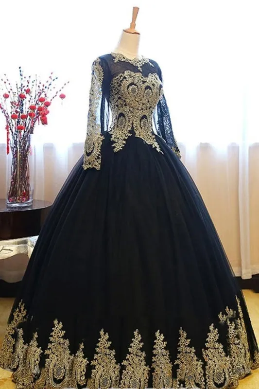 Black Ball Gown Long Sleeves Party Princess Tulle Prom Dress with Lace Appliques