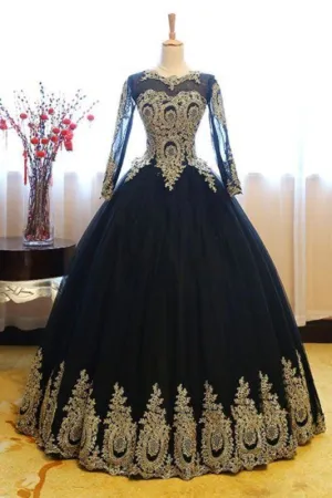 Black Ball Gown Long Sleeves Party Princess Tulle Prom Dress with Lace Appliques