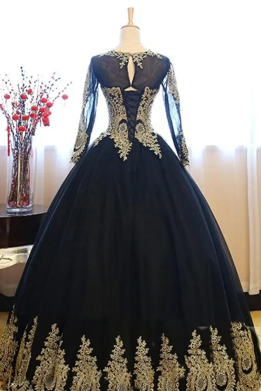 Black Ball Gown Long Sleeves Party Princess Tulle Prom Dress with Lace Appliques