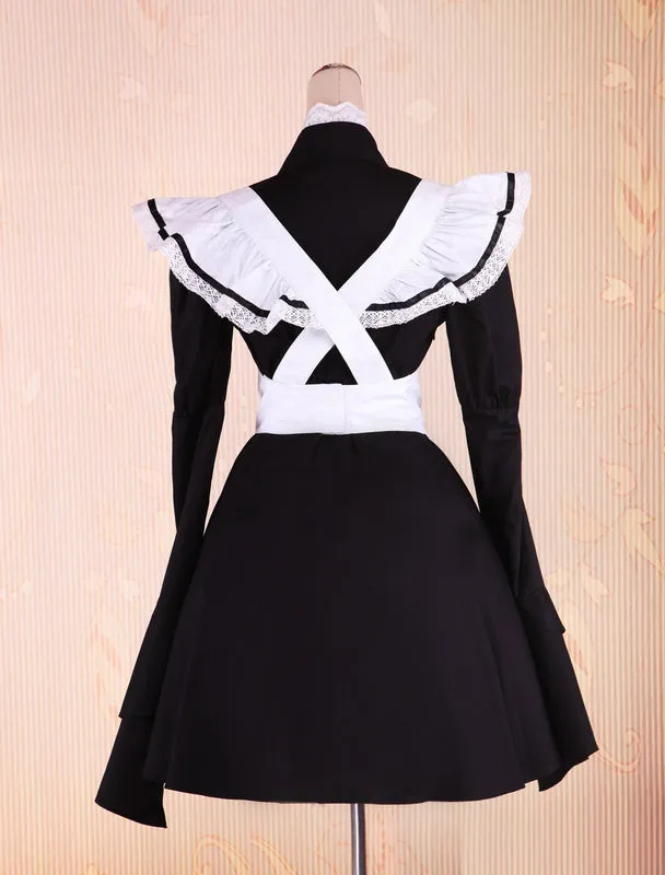 Black Cotton Lolita OP Dress and White Apron Long Sleeves with Lace Up