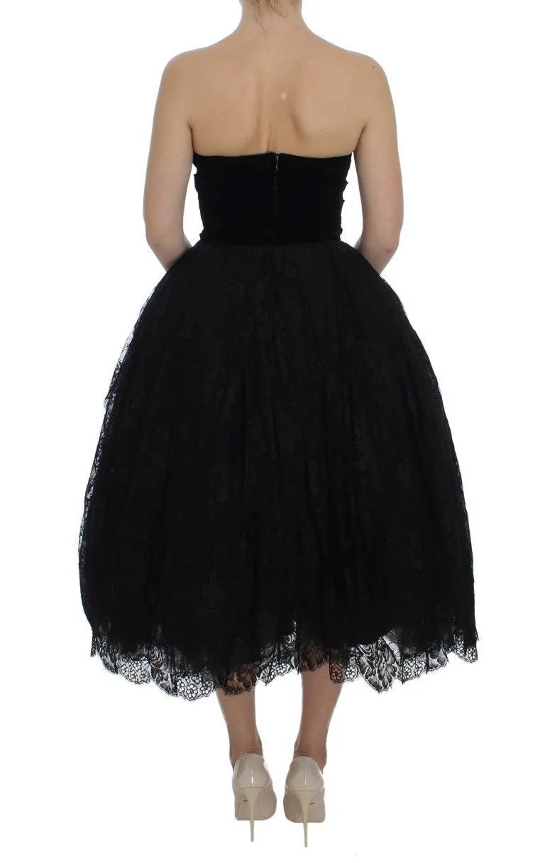 Black Floral Lace Corset Pouf Ball Dress