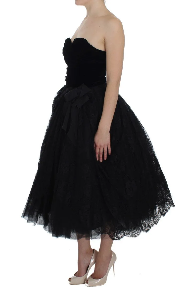Black Floral Lace Corset Pouf Ball Dress