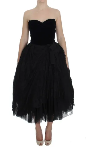 Black Floral Lace Corset Pouf Ball Dress