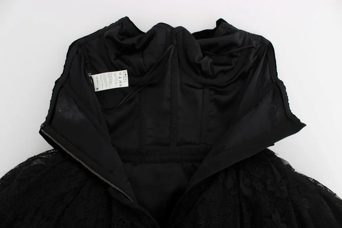 Black Floral Lace Corset Pouf Ball Dress