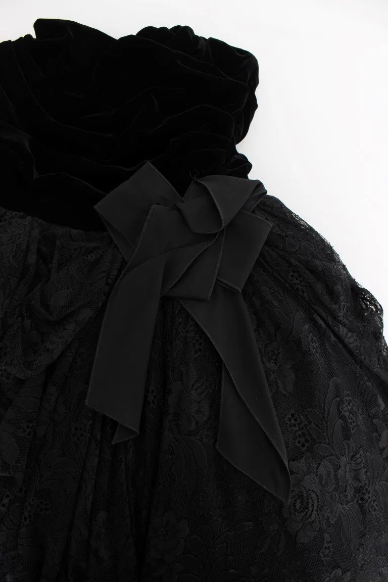 Black Floral Lace Corset Pouf Ball Dress