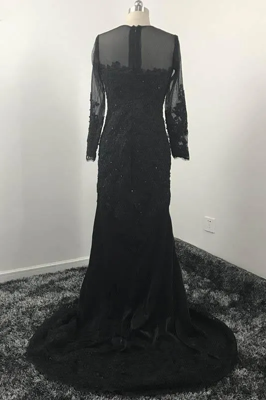 Black Mermaid Dresses Long Sleeves Lace Appliques Sheer Jewel Neck Prom Dress