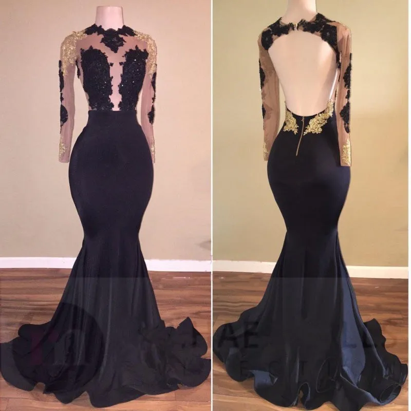 Black Mermaid Long Sleeves Gold Lace Appliques Pretty Prom Evening Gowns