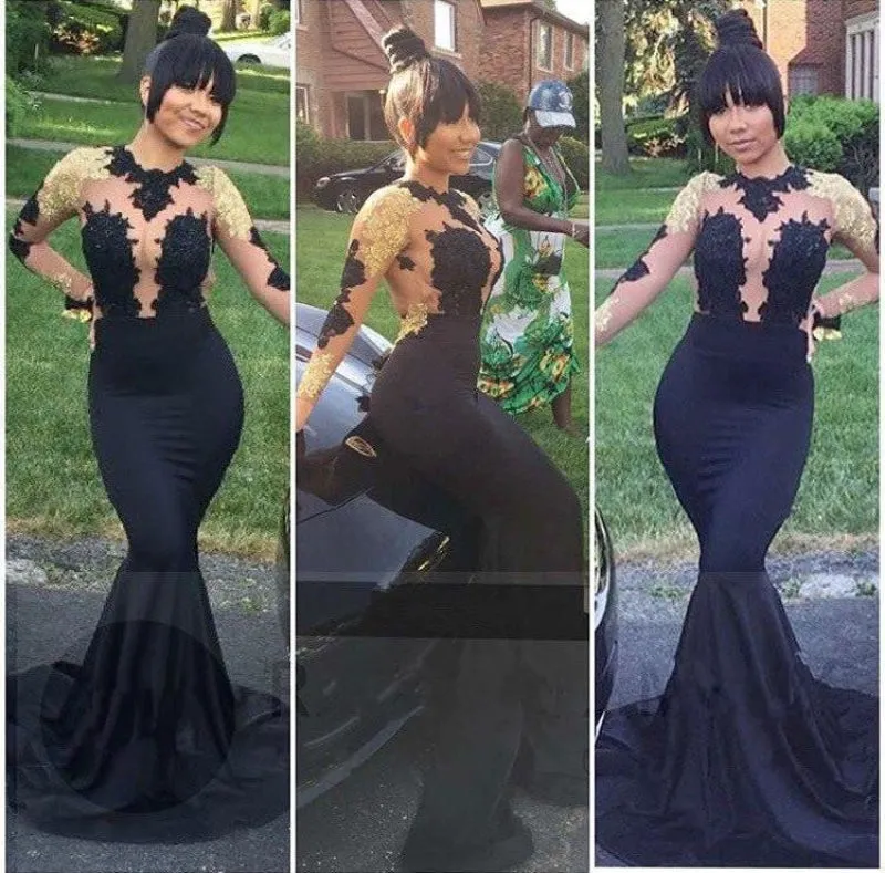Black Mermaid Long Sleeves Gold Lace Appliques Pretty Prom Evening Gowns
