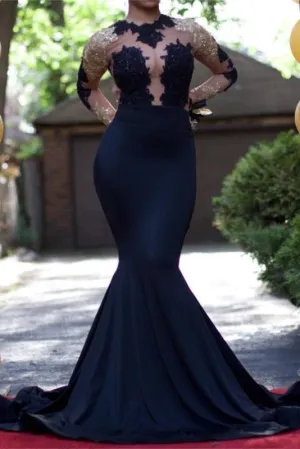 Black Mermaid Long Sleeves Gold Lace Appliques Pretty Prom Evening Gowns