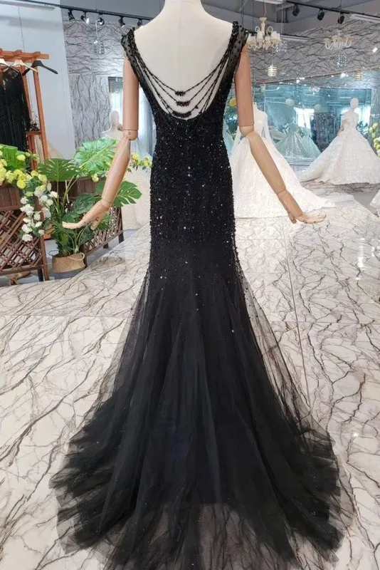 Black Mermaid Tulle Prom Dress with Sequins Sparkly Sleeveless Evening Dresses