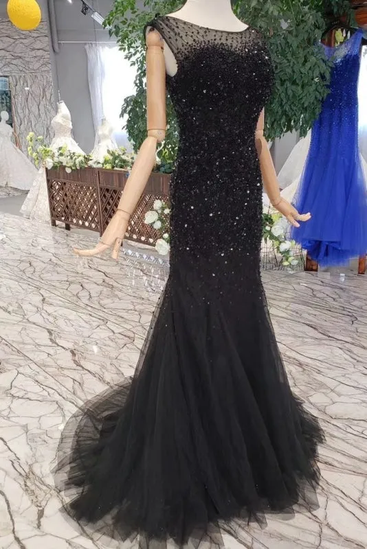 Black Mermaid Tulle Prom Dress with Sequins Sparkly Sleeveless Evening Dresses