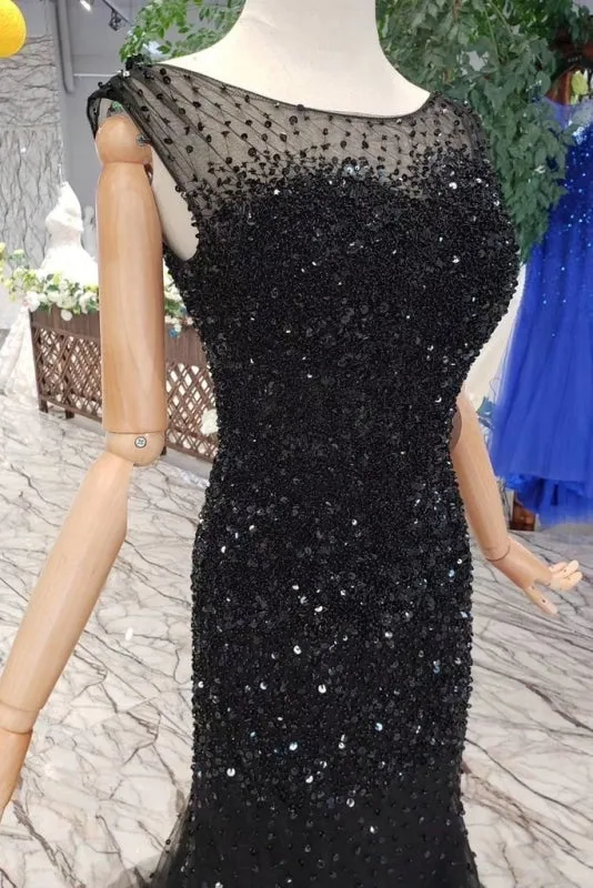 Black Mermaid Tulle Prom Dress with Sequins Sparkly Sleeveless Evening Dresses