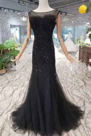 Black Mermaid Tulle Prom Dress with Sequins Sparkly Sleeveless Evening Dresses