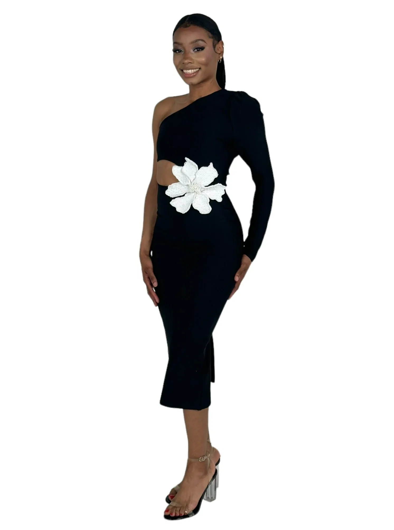 Black One Shoulder Slim Fit Midi Dress