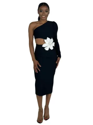 Black One Shoulder Slim Fit Midi Dress