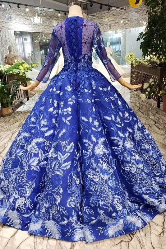 Blue Ball Gown Floral Prom with Sleeves Appliqued Long Quinceanera Dress