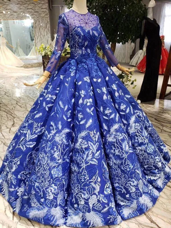 Blue Ball Gown Floral Prom with Sleeves Appliqued Long Quinceanera Dress