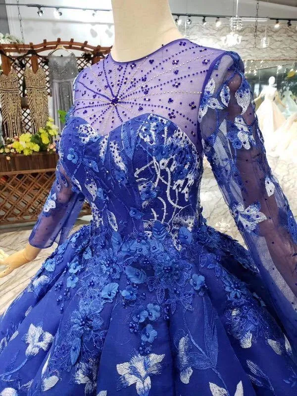 Blue Ball Gown Floral Prom with Sleeves Appliqued Long Quinceanera Dress