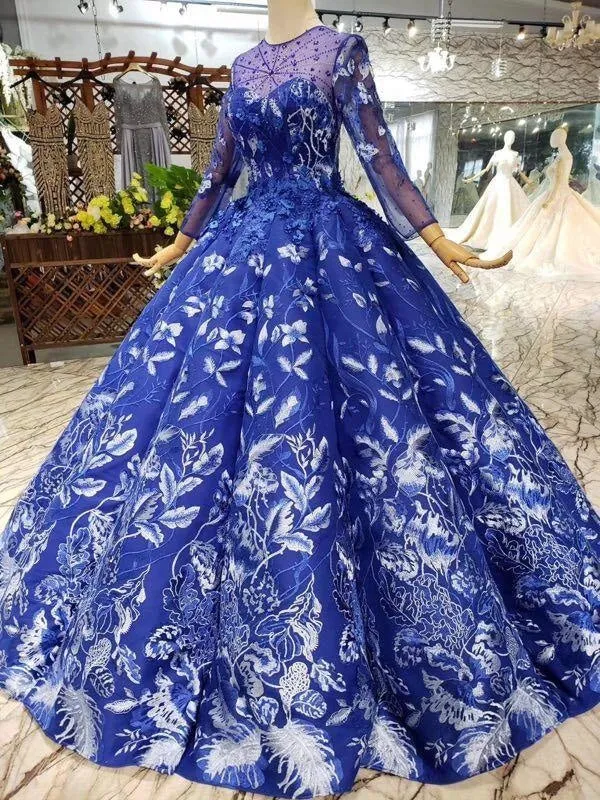 Blue Ball Gown Floral Prom with Sleeves Appliqued Long Quinceanera Dress