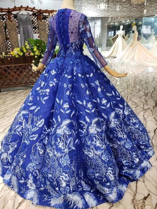 Blue Ball Gown Floral Prom with Sleeves Appliqued Long Quinceanera Dress