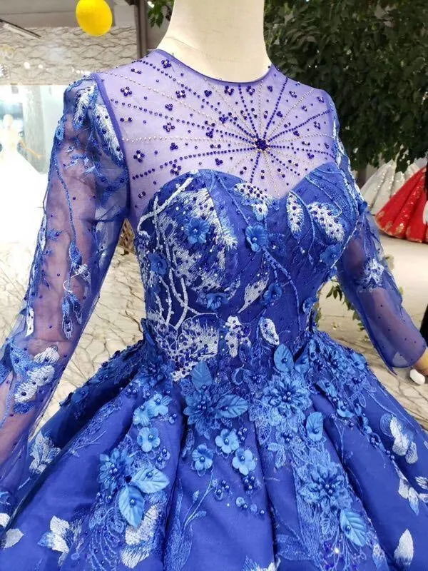 Blue Ball Gown Floral Prom with Sleeves Appliqued Long Quinceanera Dress