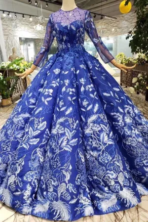 Blue Ball Gown Floral Prom with Sleeves Appliqued Long Quinceanera Dress