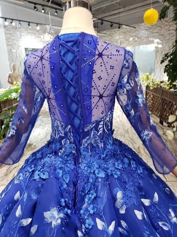 Blue Ball Gown Floral Prom with Sleeves Appliqued Long Quinceanera Dress