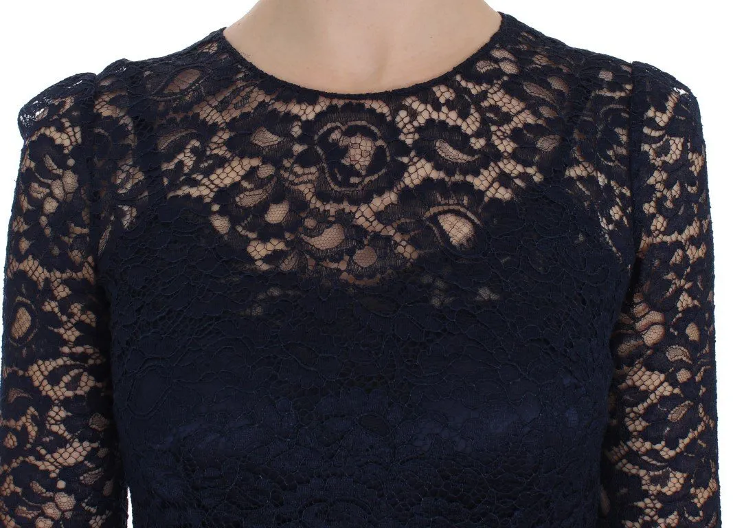 Blue Floral Lace Long Sleeve Sheath Dress