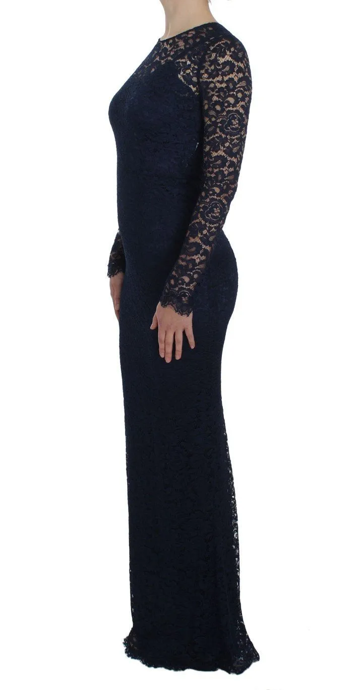 Blue Floral Lace Long Sleeve Sheath Dress