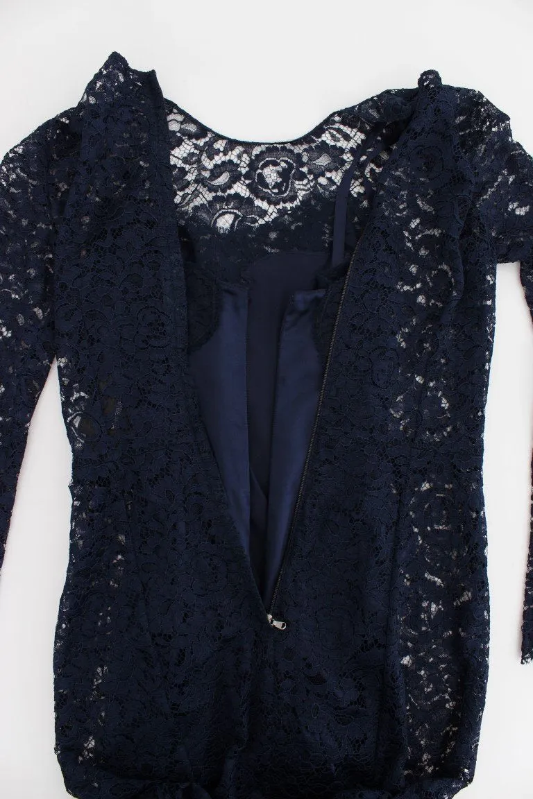 Blue Floral Lace Long Sleeve Sheath Dress