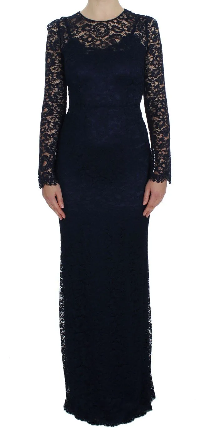 Blue Floral Lace Long Sleeve Sheath Dress